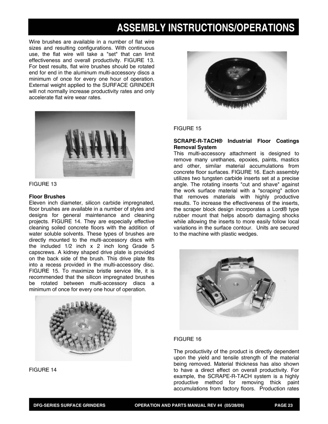 Multiquip DFG Series manual Floor Brushes, SCRAPE-R-TACH Industrial Floor Coatings Removal System 