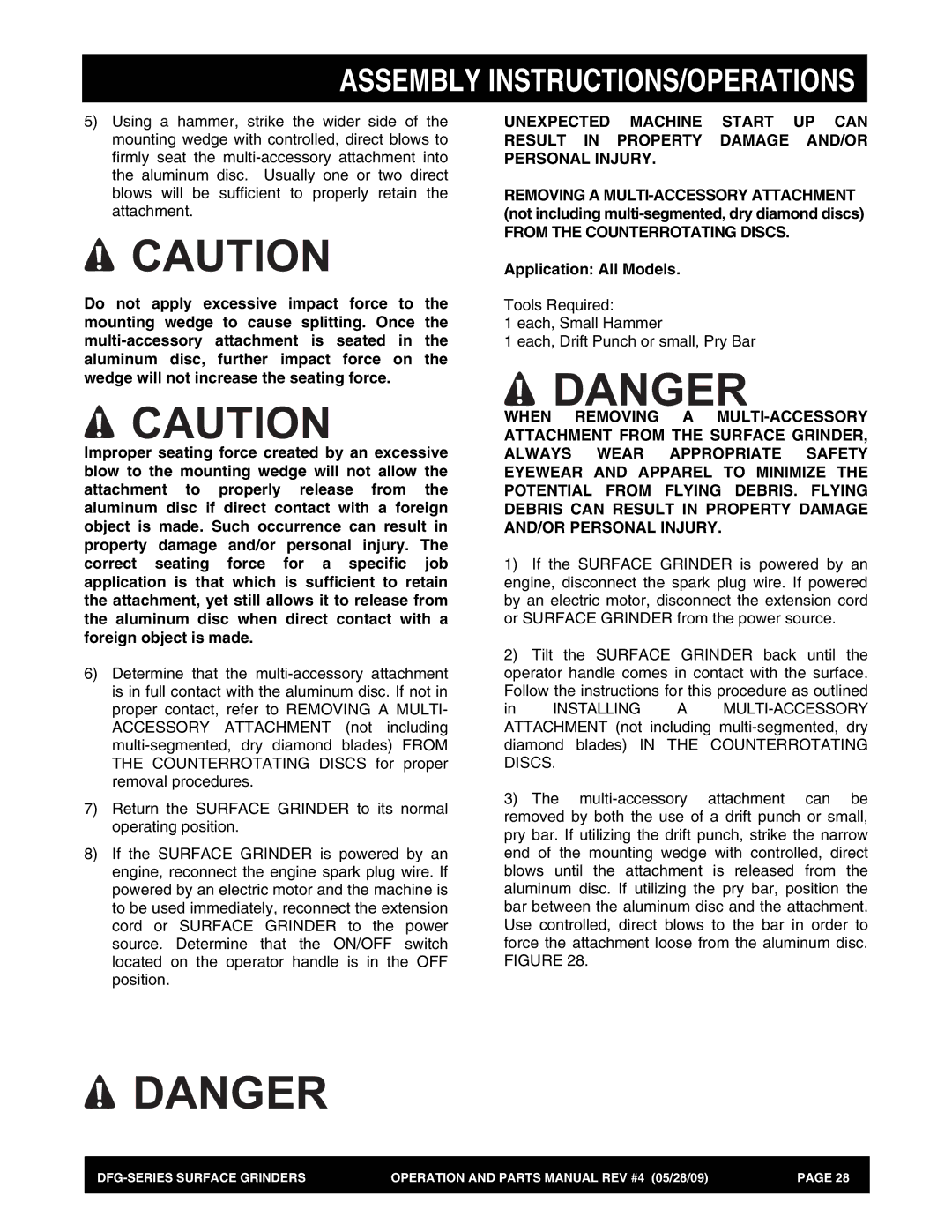 Multiquip DFG Series manual From the Counterrotating Discs, Application All Models 