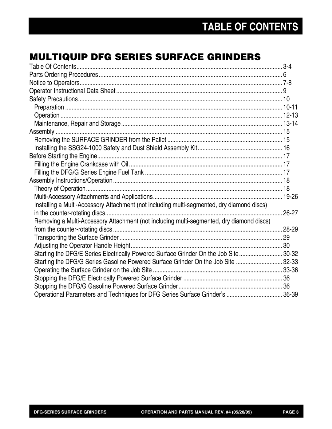 Multiquip DFG Series manual Table of Contents 