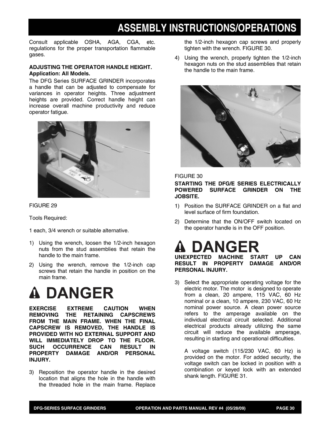 Multiquip DFG Series manual Adjusting the Operator Handle HEIGHT. Application All Models 