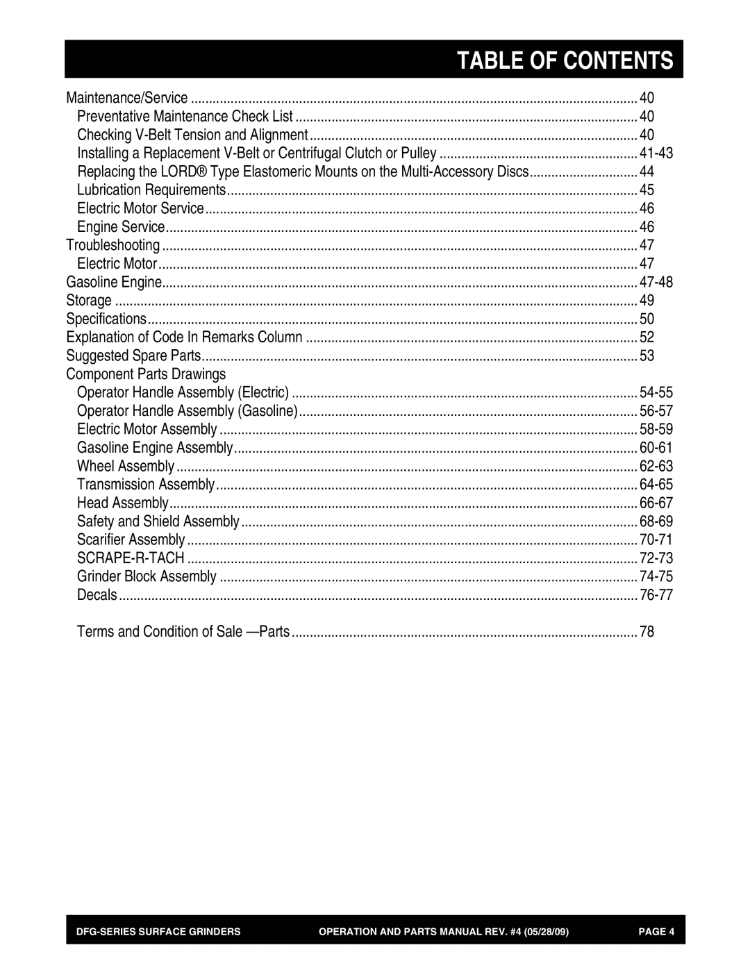 Multiquip DFG Series manual Table of Contents 