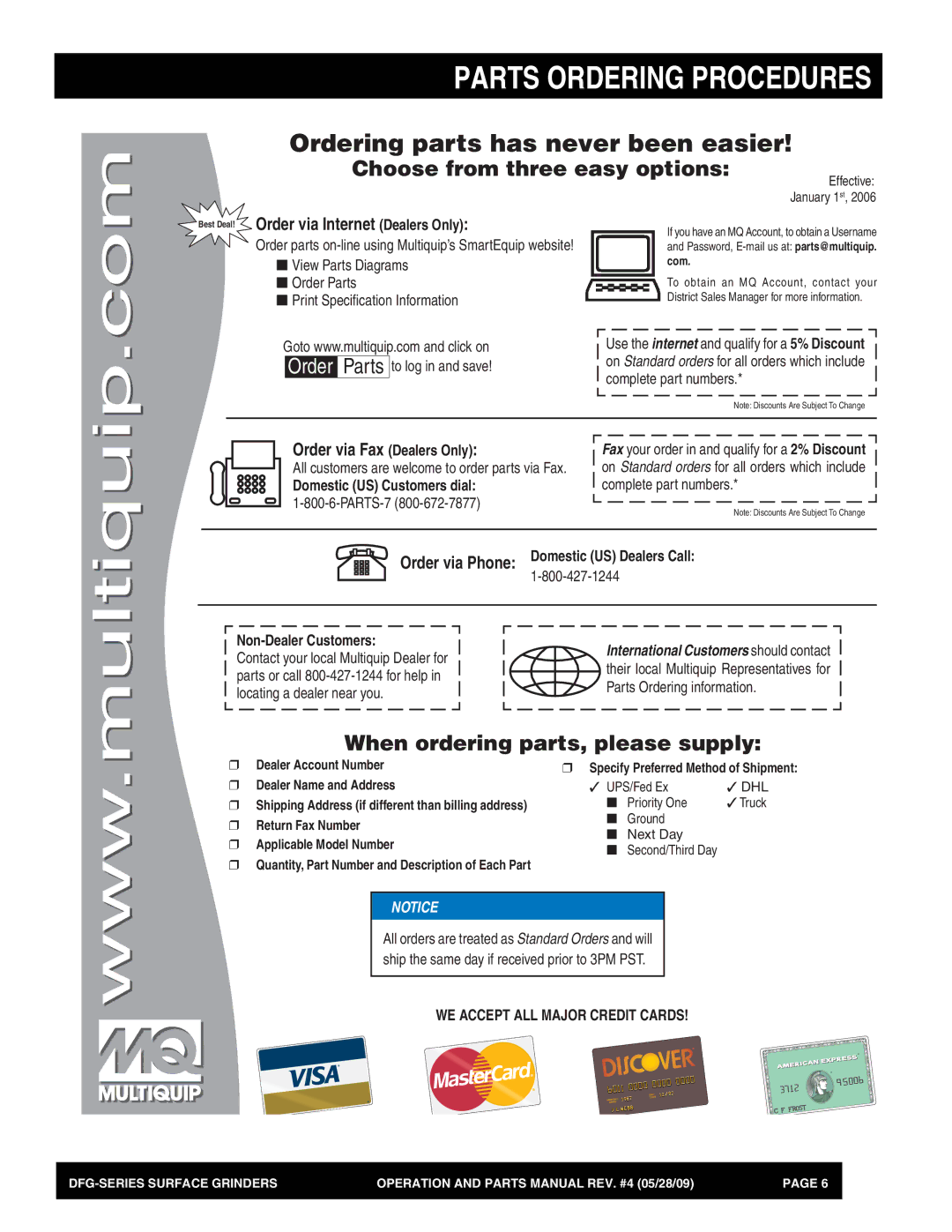 Multiquip DFG Series manual Parts Ordering Procedures 