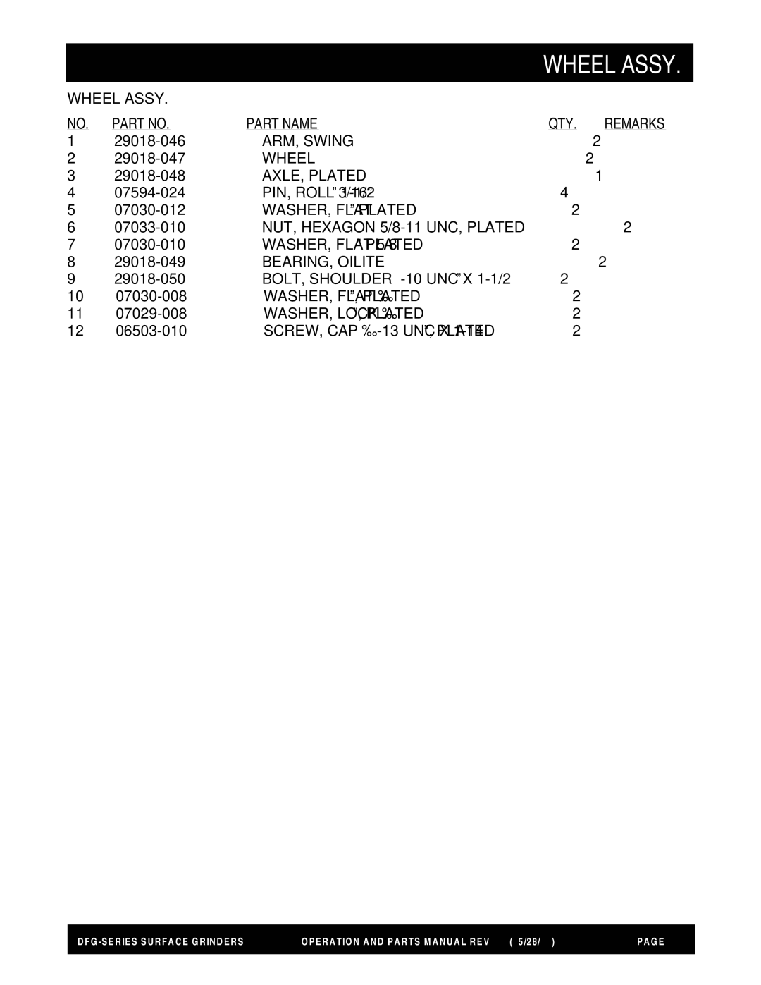 Multiquip DFG Series manual ARM, Swing, Wheel, AXLE, Plated, WASHER, Flat ¾ Plated, NUT, Hexagon 5/8-11 UNC, Plated 