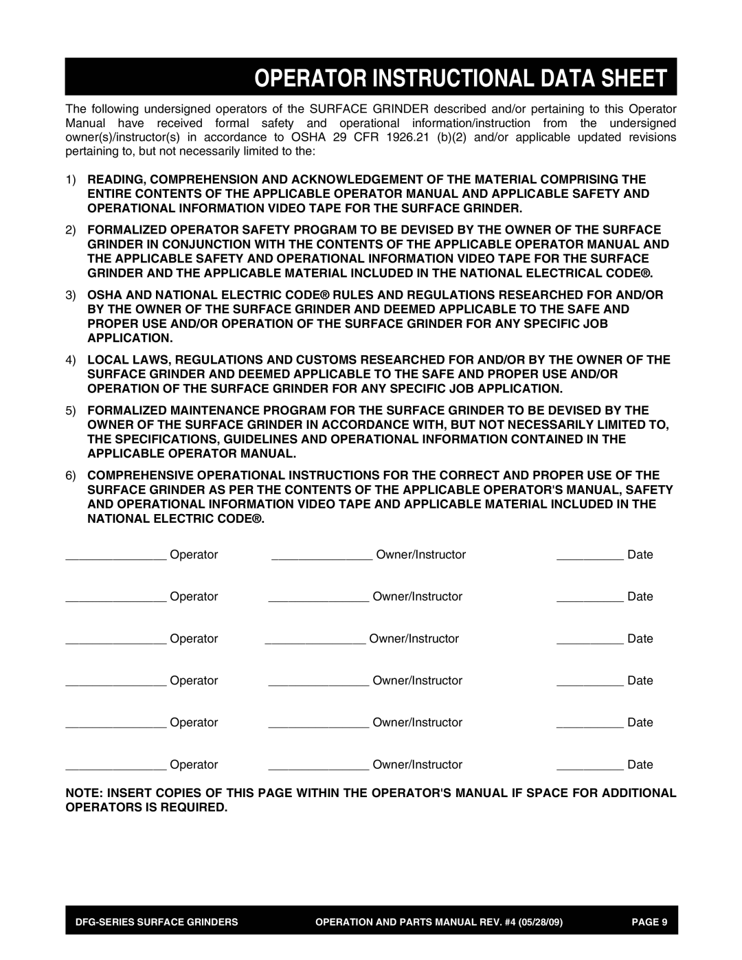 Multiquip DFG Series manual Operator Instructional Data Sheet 