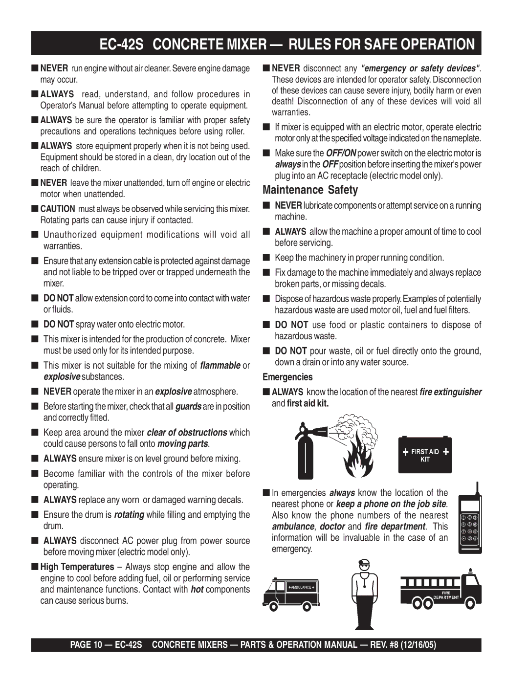 Multiquip manual EC-42S Concrete Mixer Rules for Safe Operation, Emergencies 