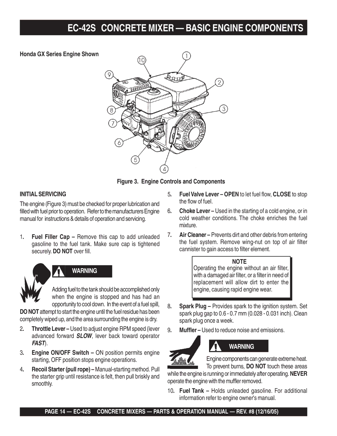 Multiquip manual EC-42S Concrete Mixer Basic Engine Components, Starting, OFF position stops engine operations 