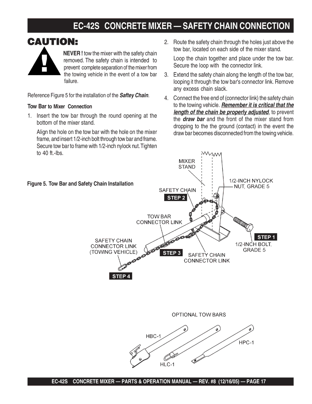 Multiquip EC-42S manual Tow Bar to Mixer Connection, Tow Bar and Safety Chain Installation 