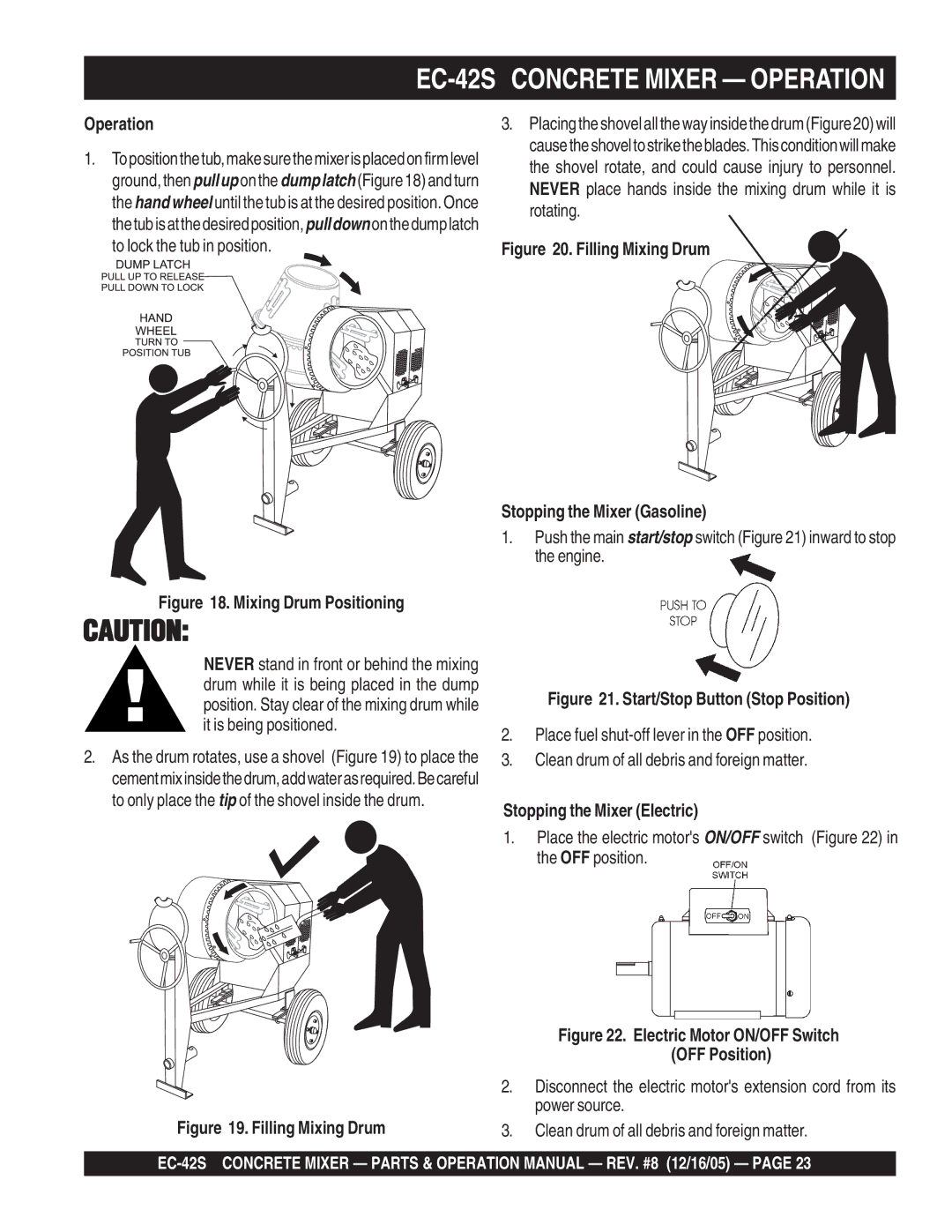 Multiquip manual EC-42S Concrete Mixer Operation, Stopping the Mixer Electric 