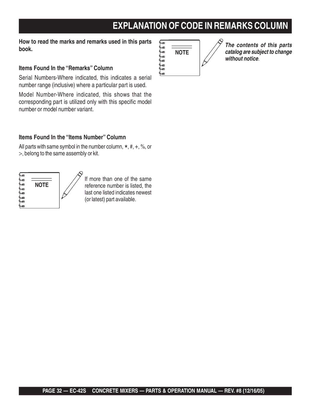 Multiquip EC-42S manual Explanation of Code in Remarks Column, Items Found In the Remarks Column 