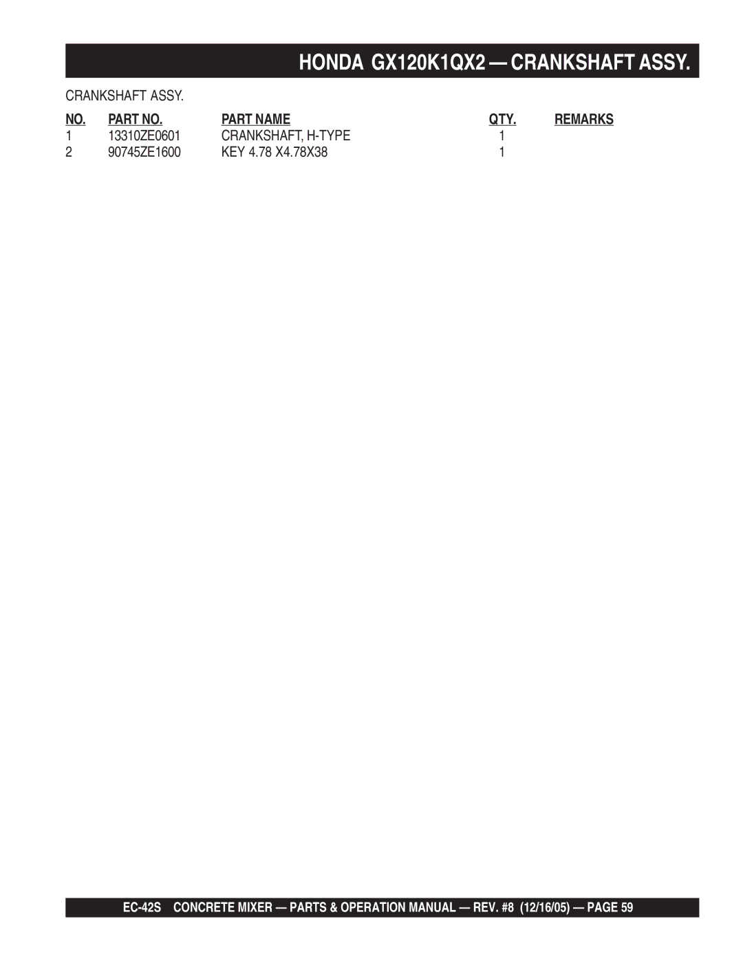 Multiquip EC-42S manual Crankshaft, H-Type 