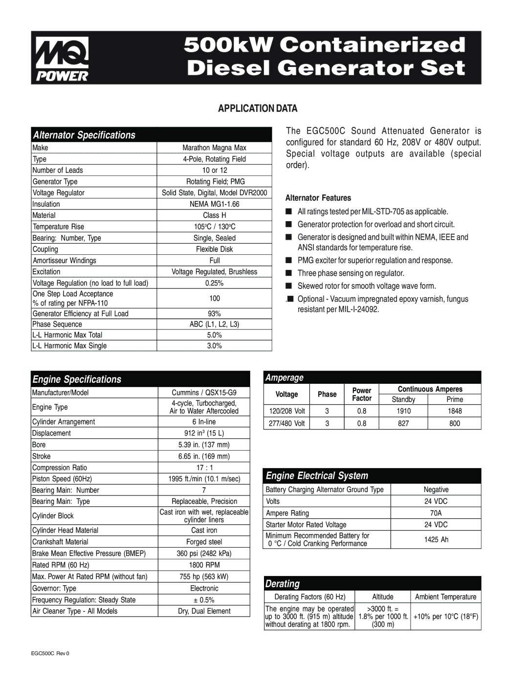 Multiquip EGC-500C warranty Alternator Specifications, Engine Specifications, Engine Electrical System, Derating 