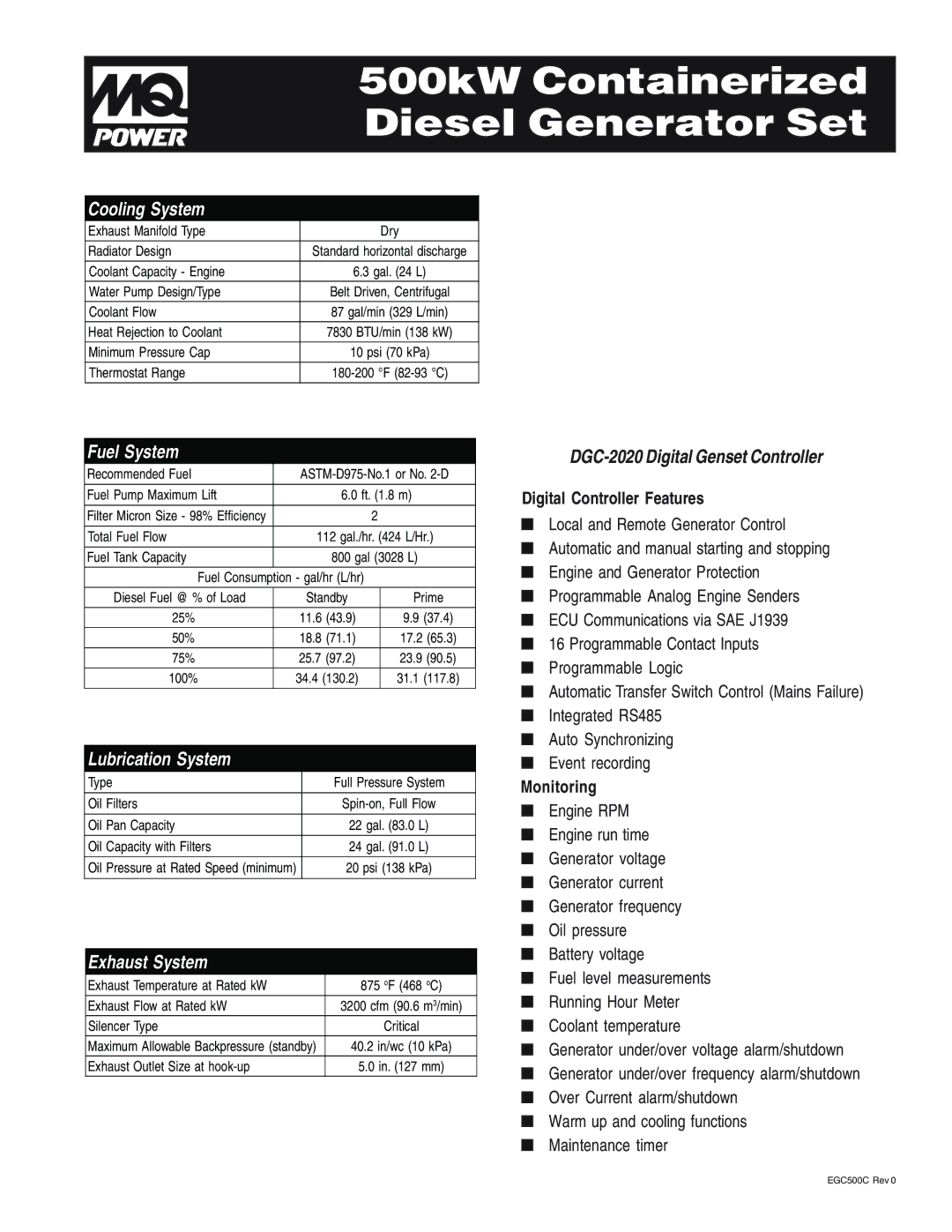 Multiquip EGC-500C warranty Cooling System, Fuel System, Lubrication System, Exhaust System 