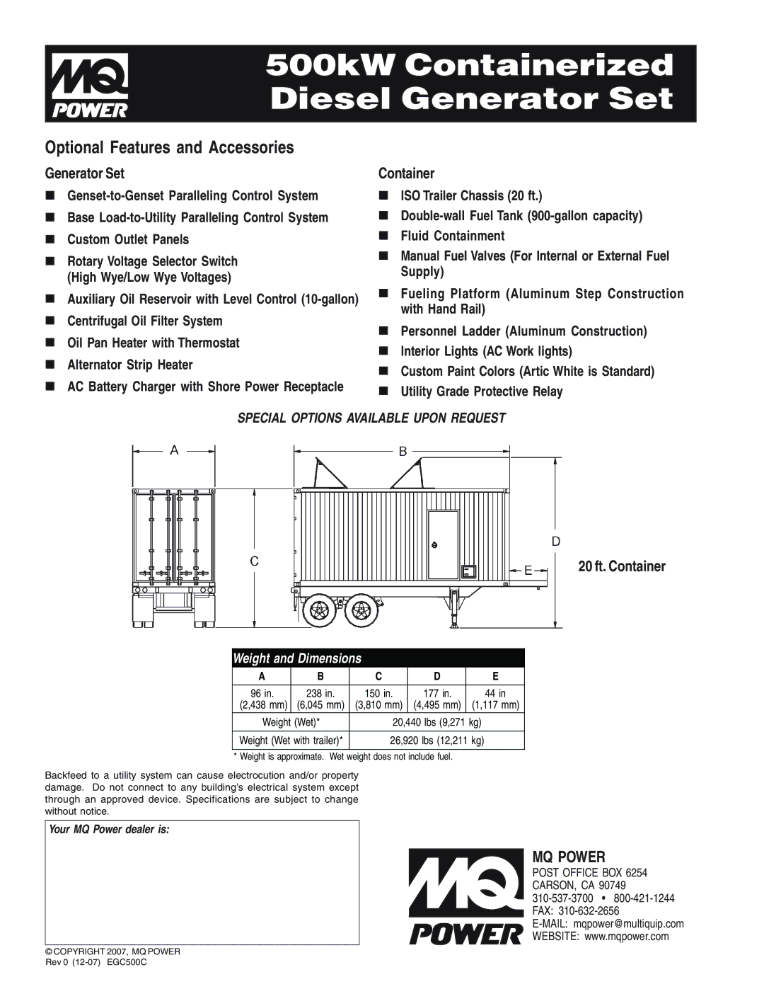 Multiquip EGC-500C warranty Optional Features and Accessories, „ AC Battery Charger with Shore Power Receptacle 