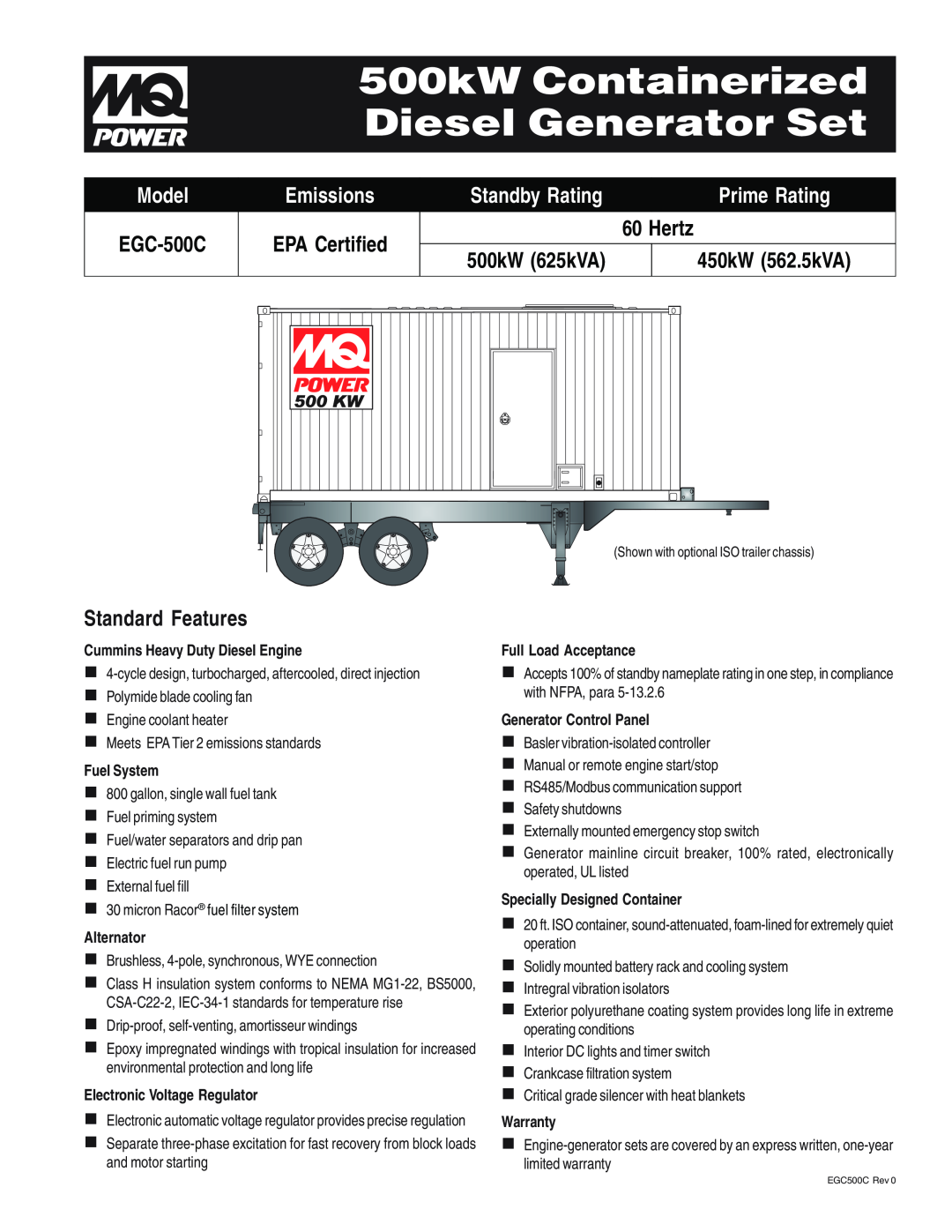 Multiquip EGC-500C warranty 500kW Containerized Diesel Generator Set, Hertz, Standard Features, Model, Emissions, Warranty 