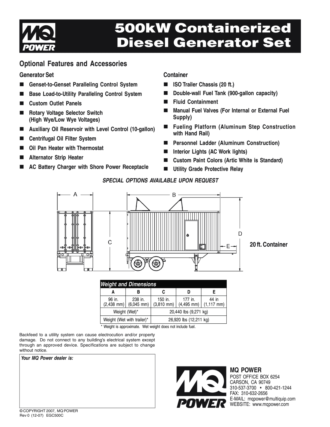 Multiquip EGC-500C Optional Features and Accessories, Generator Set, 20 ft. Container, Weight and Dimensions, Mq Power 