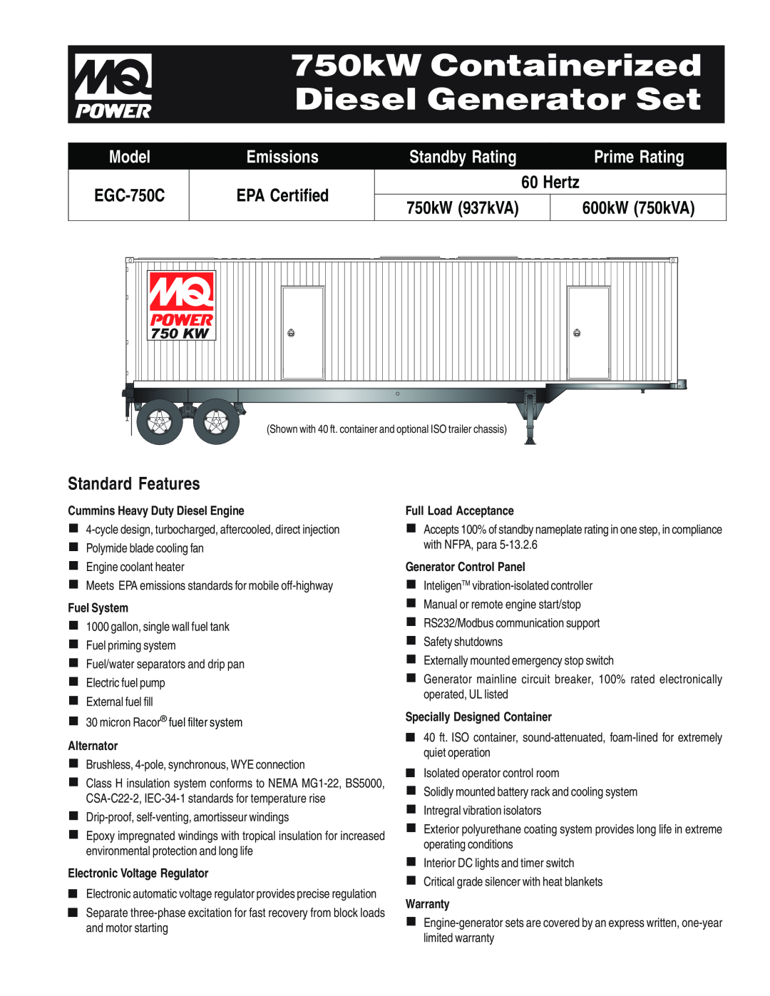 Multiquip EGC-750C warranty 750kW Containerized Diesel Generator Set, Hertz, Standard Features, Model, Emissions, 750 KW 