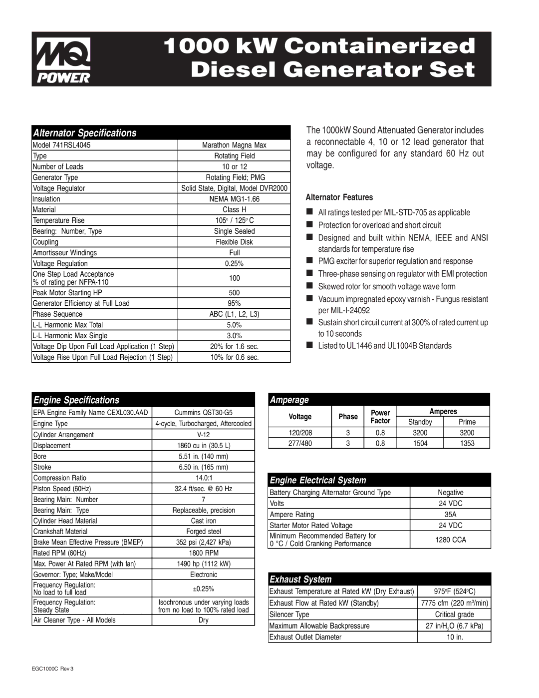 Multiquip EGC1000C warranty Engine Specifications, Amperage, Exhaust System, Alternator Features 