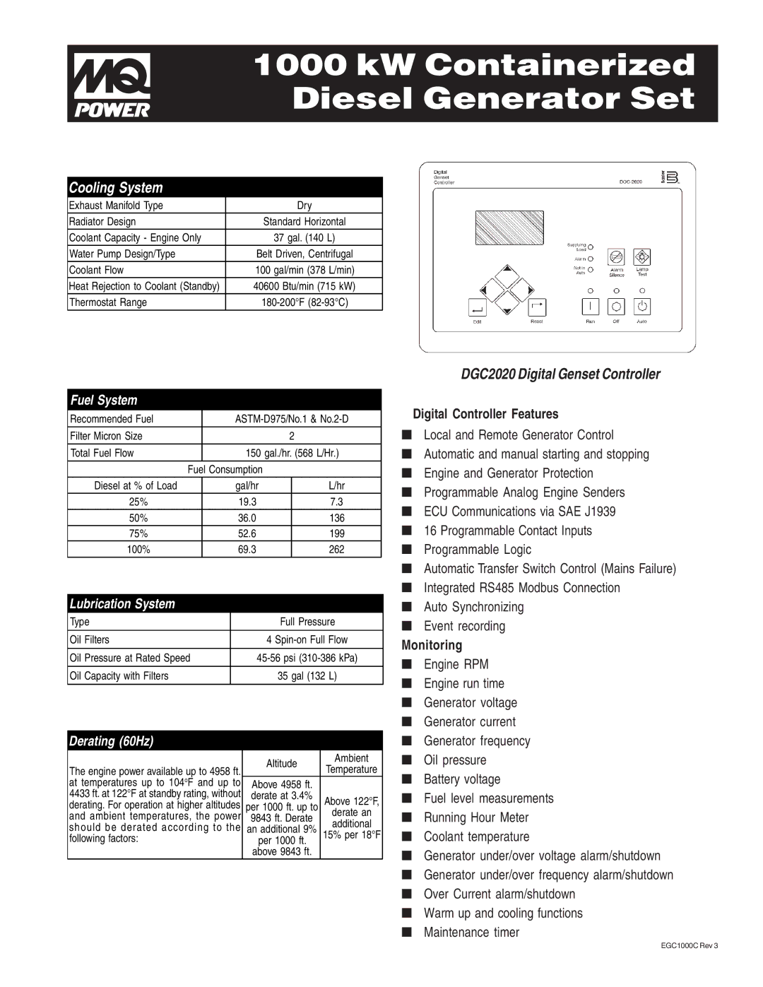 Multiquip EGC1000C warranty Fuel System, Lubrication System, Derating 60Hz 