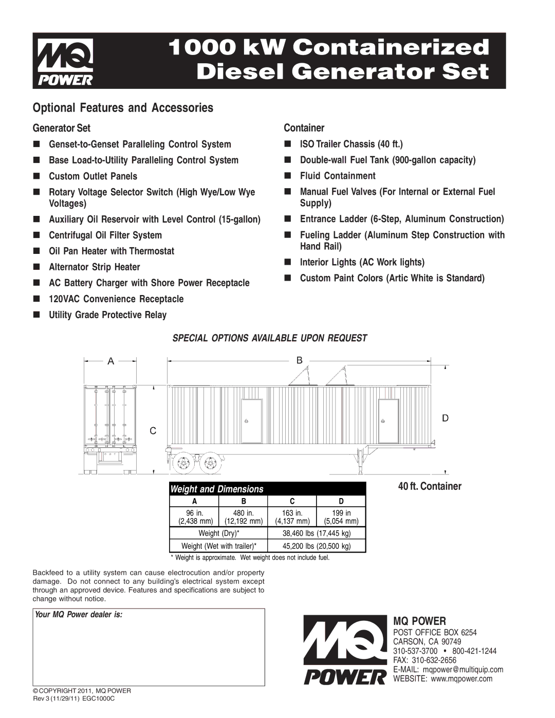 Multiquip EGC1000C warranty Optional Features and Accessories,  Auxiliary Oil Reservoir with Level Control 15-gallon 