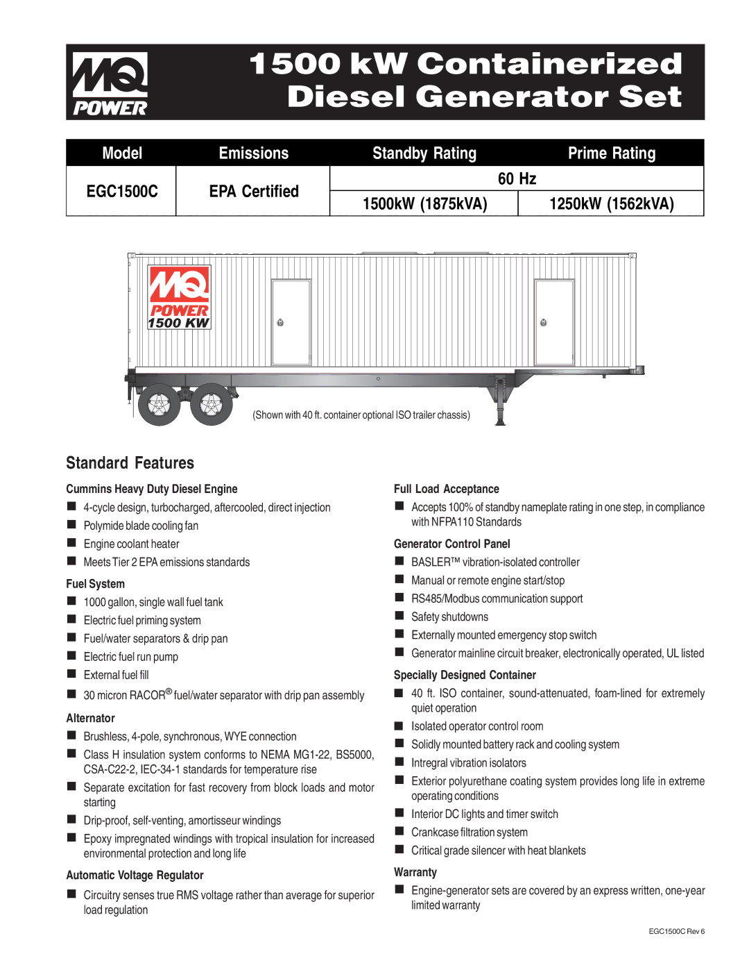 Multiquip EGC1500C warranty Cummins Heavy Duty Diesel Engine, Fuel System, Alternator, Automatic Voltage Regulator 