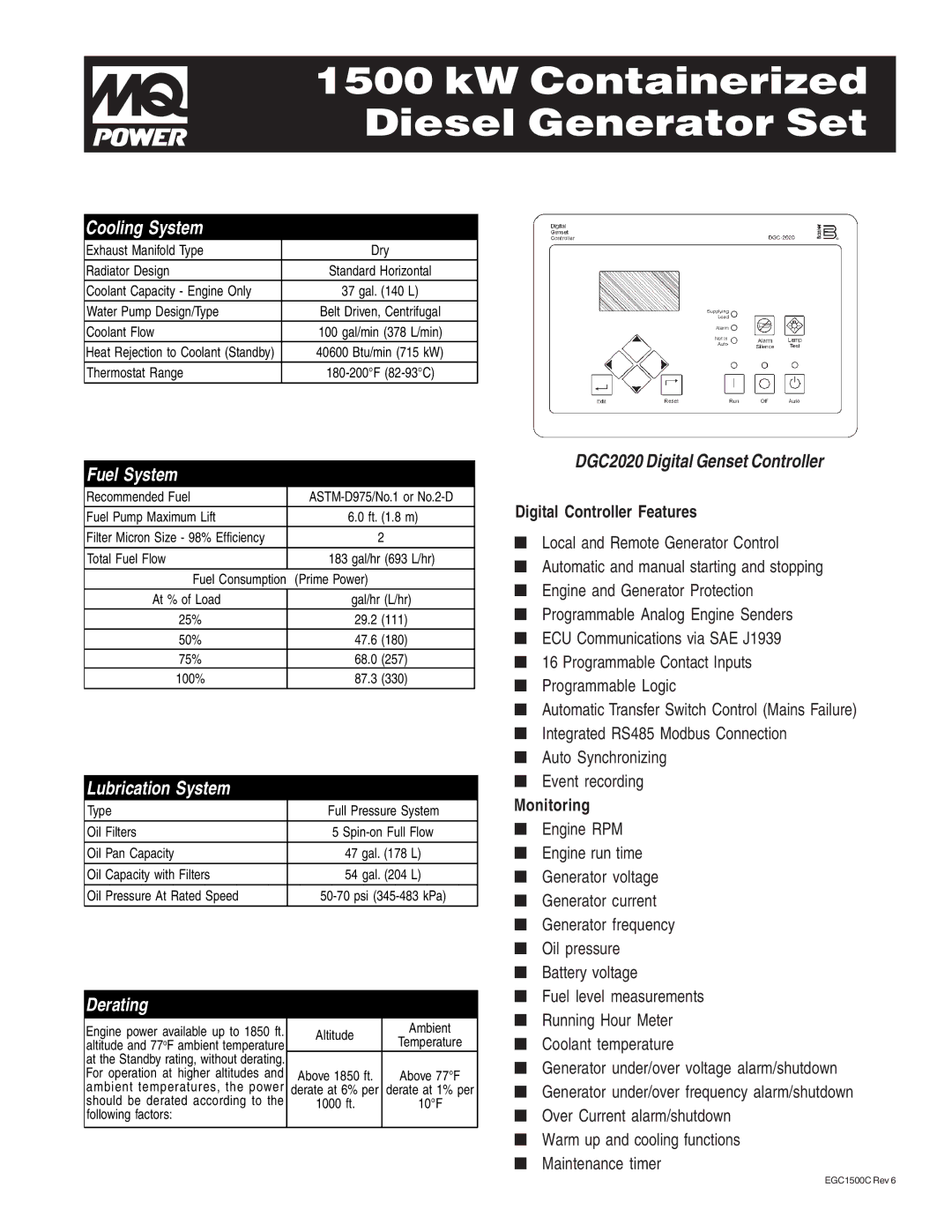 Multiquip EGC1500C warranty Cooling System, Fuel System, Lubrication System, Derating 