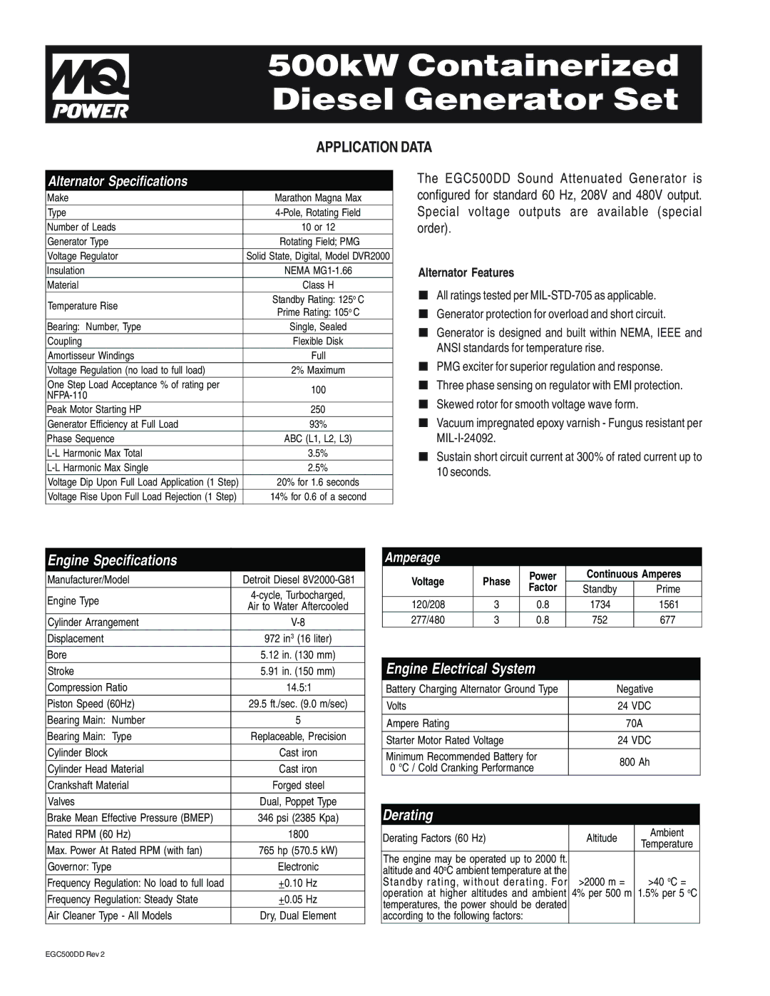 Multiquip EGC500DD warranty Engine Specifications, Engine Electrical System, Derating, Alternator Features 