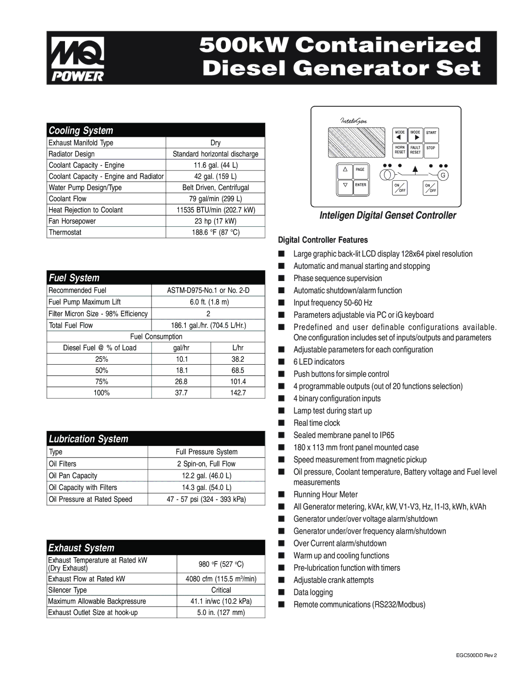 Multiquip EGC500DD warranty Cooling System, Fuel System, Lubrication System, Exhaust System, Digital Controller Features 