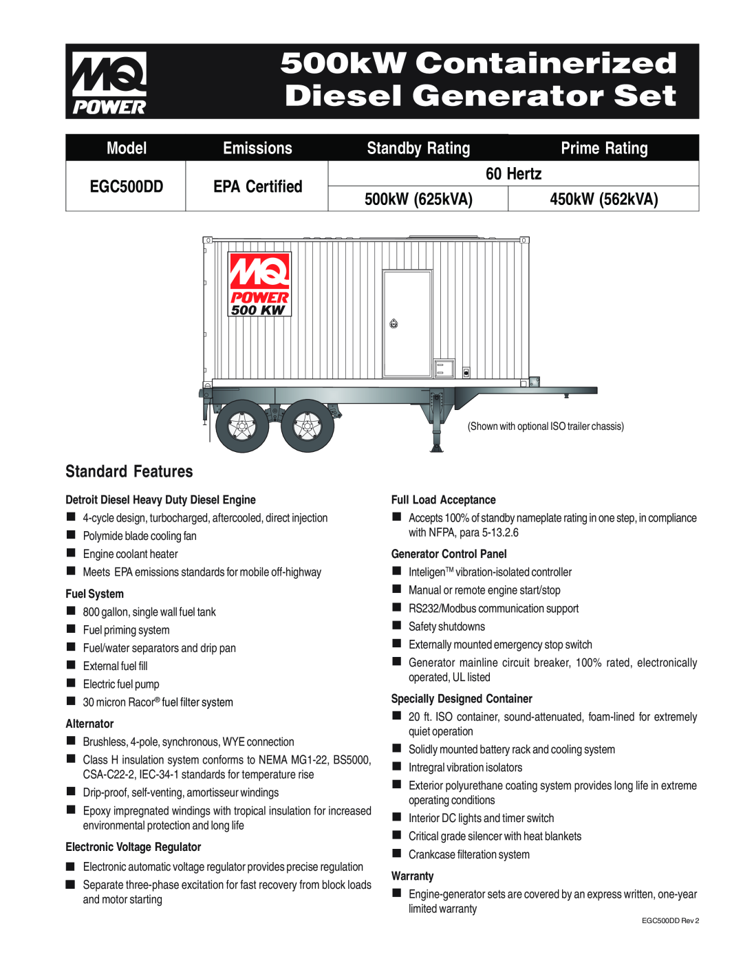 Multiquip EGC500DD warranty 500kW Containerized Diesel Generator Set, Hertz, Standard Features, Model, Emissions, Warranty 