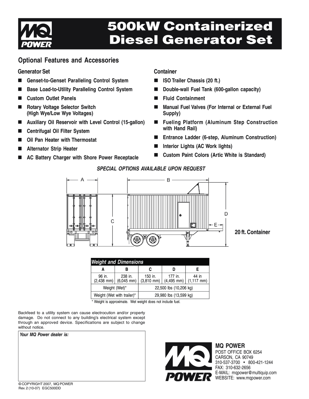 Multiquip EGC500DD Optional Features and Accessories, Generator Set, 20 ft. Container, Weight and Dimensions, Mq Power 