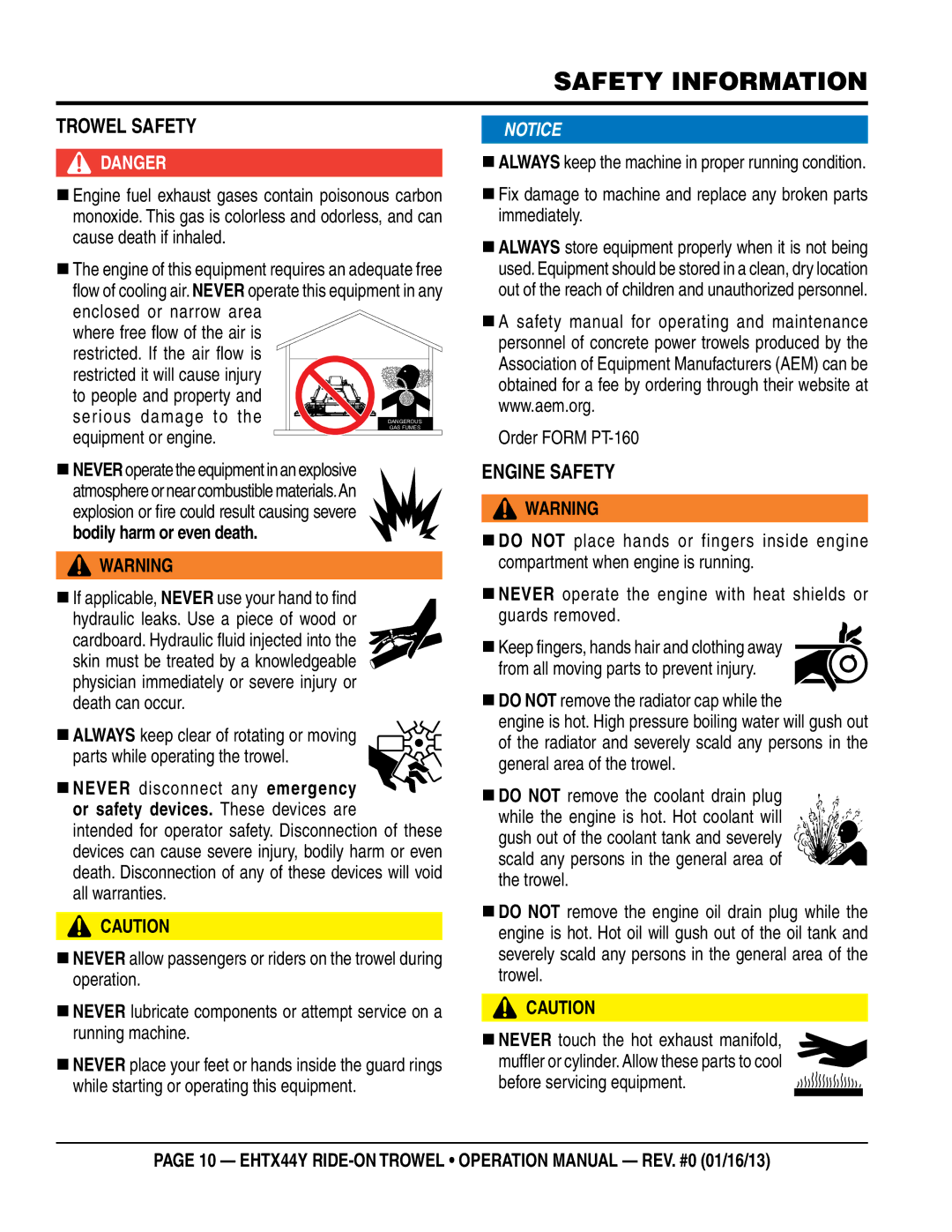 Multiquip EHTX44Y5 operation manual TROWeL SaFeTy, ENgINe SaFeTy, Order Form PT-160, Before servicing equipment 