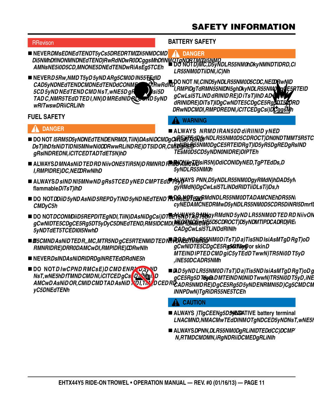 Multiquip EHTX44Y5 operation manual FueL SaFeTy, BaTTeRy SaFeTy, „ Use well-insulated gloves when picking up the battery 