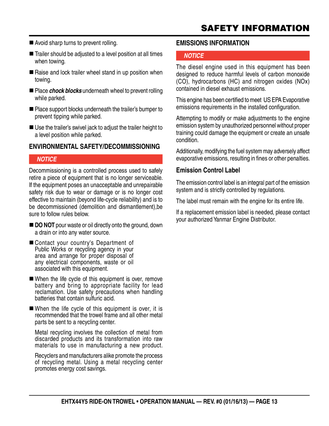 Multiquip EHTX44Y5 operation manual ENvIRONmeNTaL SaFeTy/DeCOmmISSIONINg, EmISSIONS INFORmaTION, Emission Control Label 