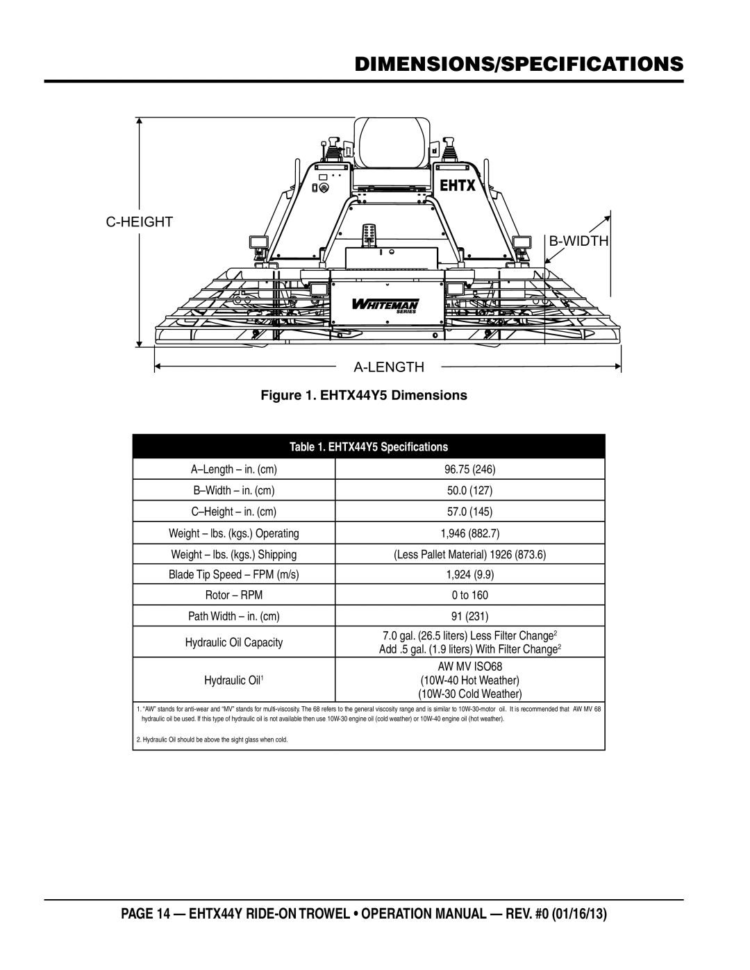 Multiquip EHTX44Y5 operation manual Dimensions/Specifications, Ehtx 