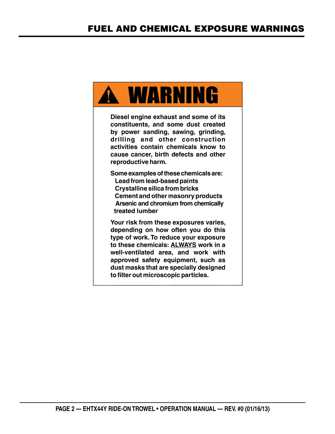 Multiquip EHTX44Y5 operation manual Fuel and chemical exposure Warnings 