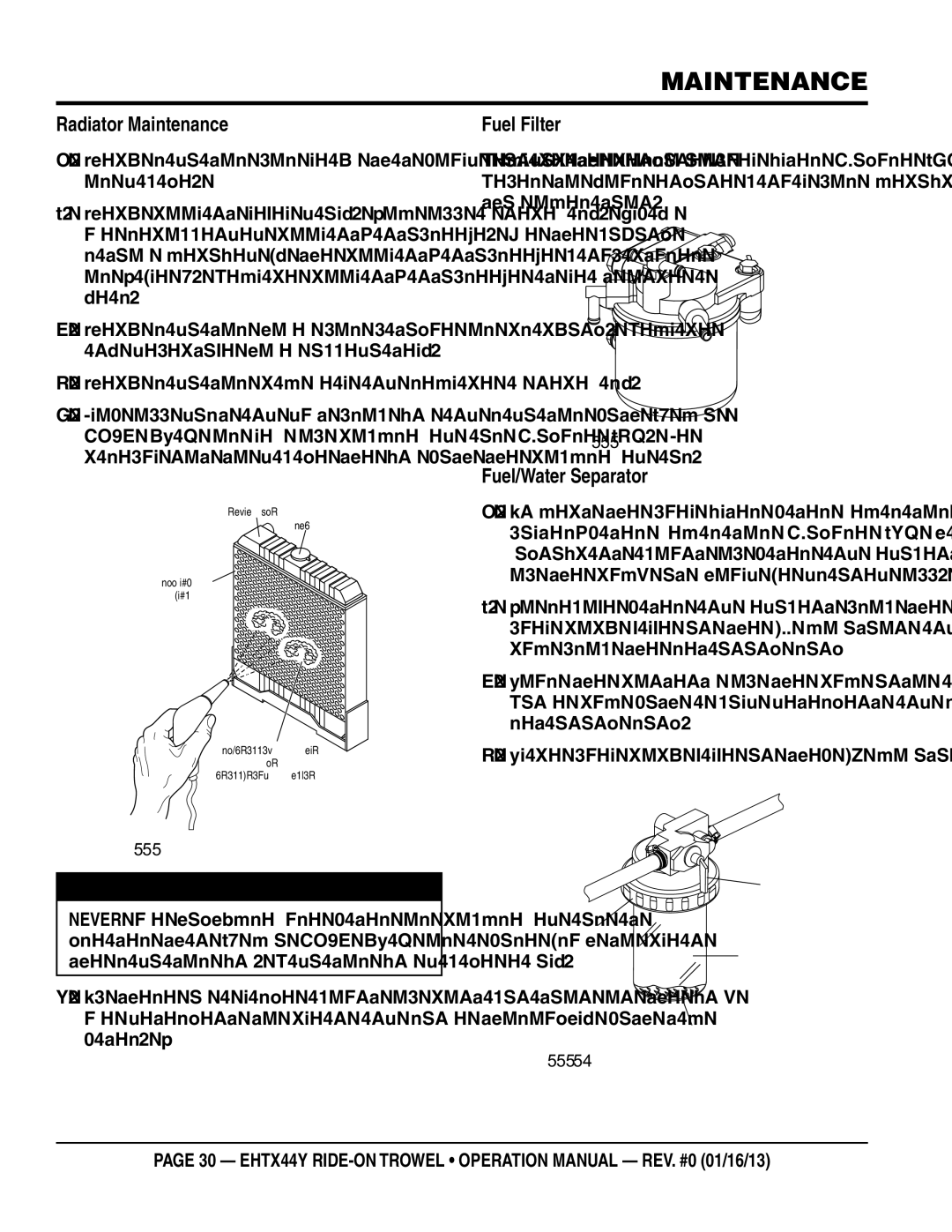 Multiquip EHTX44Y5 operation manual Radiator Maintenance, Fuel Filter, Fuel/Water Separator 