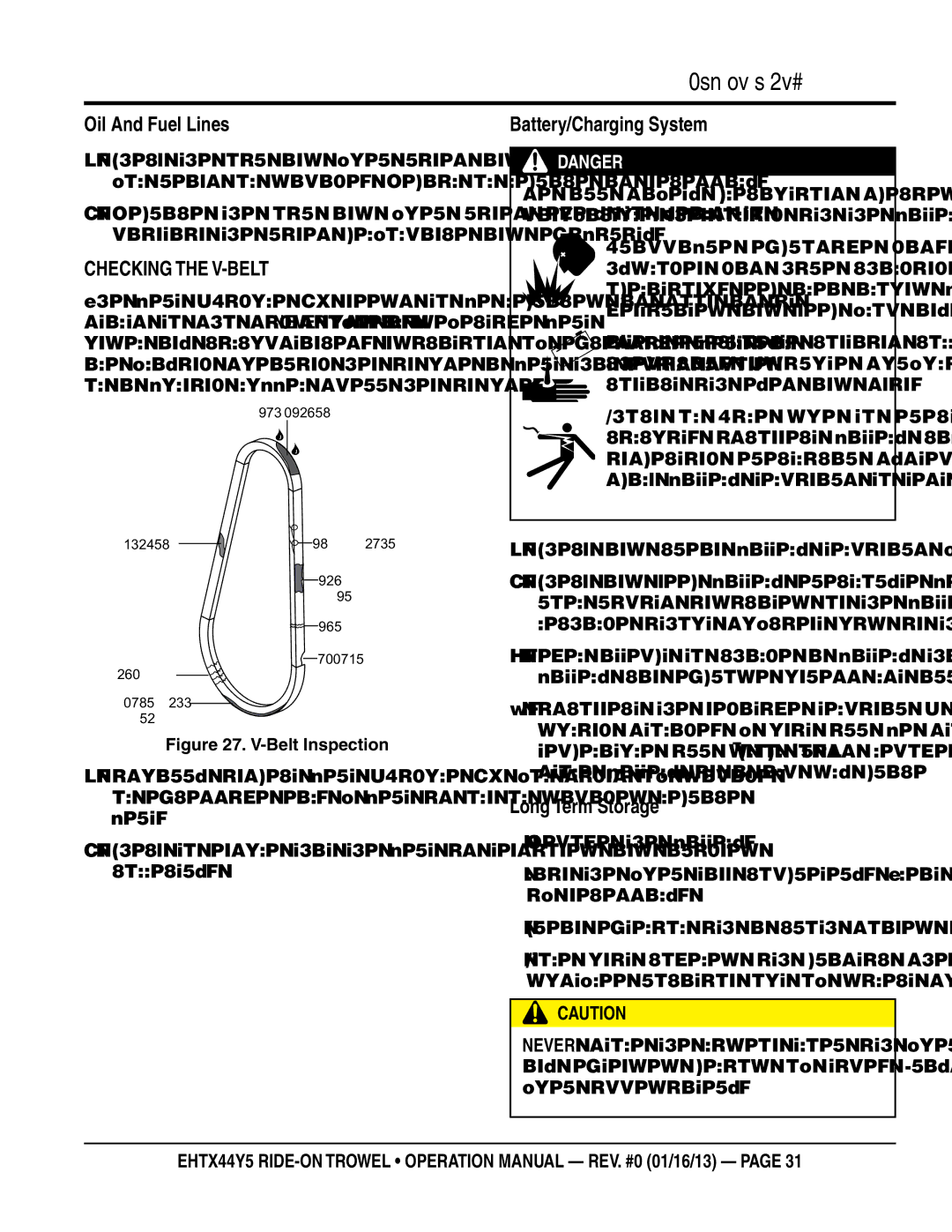 Multiquip EHTX44Y5 operation manual Oil And Fuel Lines, Checking The V-Belt, Battery/Charging System, Long Term Storage 