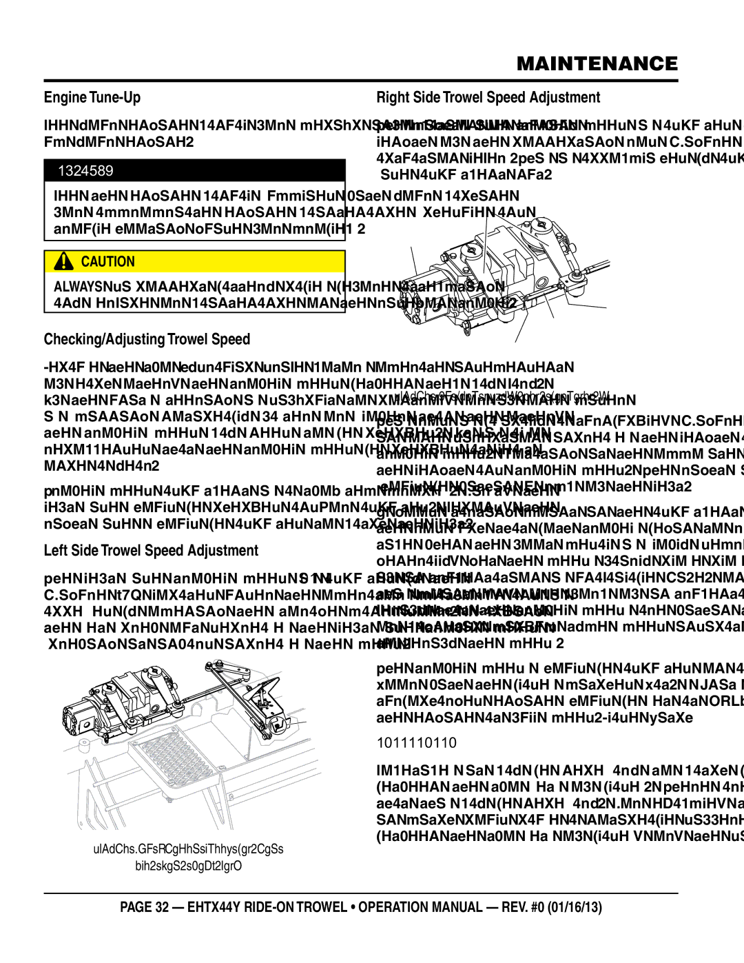 Multiquip EHTX44Y5 operation manual Engine Tune-Up, Right Side Trowel Speed Adjustment, Checking/Adjusting Trowel Speed 