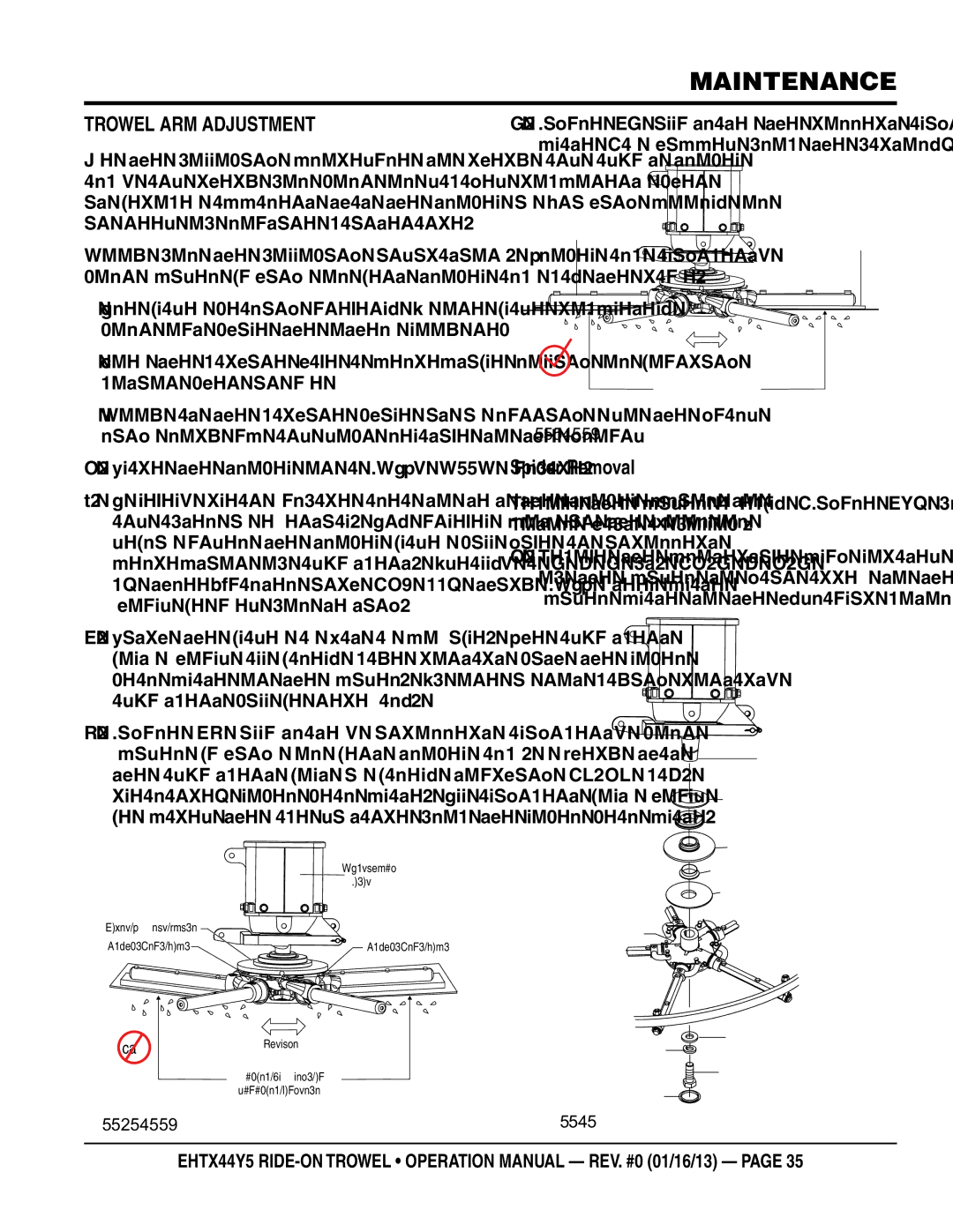 Multiquip EHTX44Y5 operation manual Trowel Arm Adjustment, Spider Removal, Place the trowel on a FLAT, Level surface 