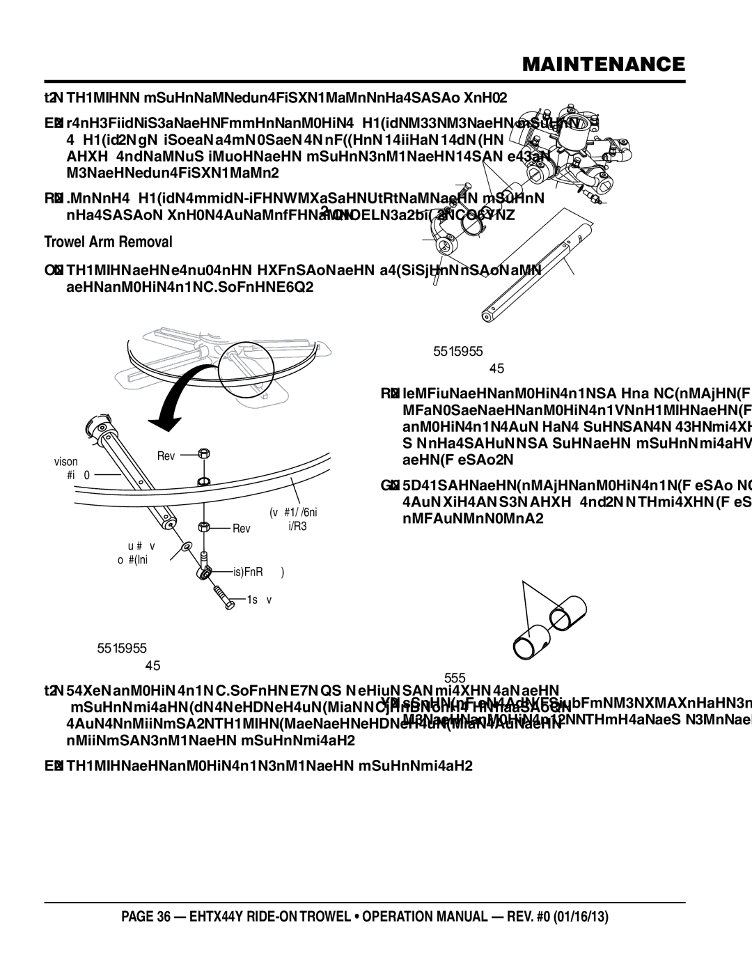 Multiquip EHTX44Y5 operation manual Trowel Arm Removal, Remove spider to hydraulic motor retainingscrew 