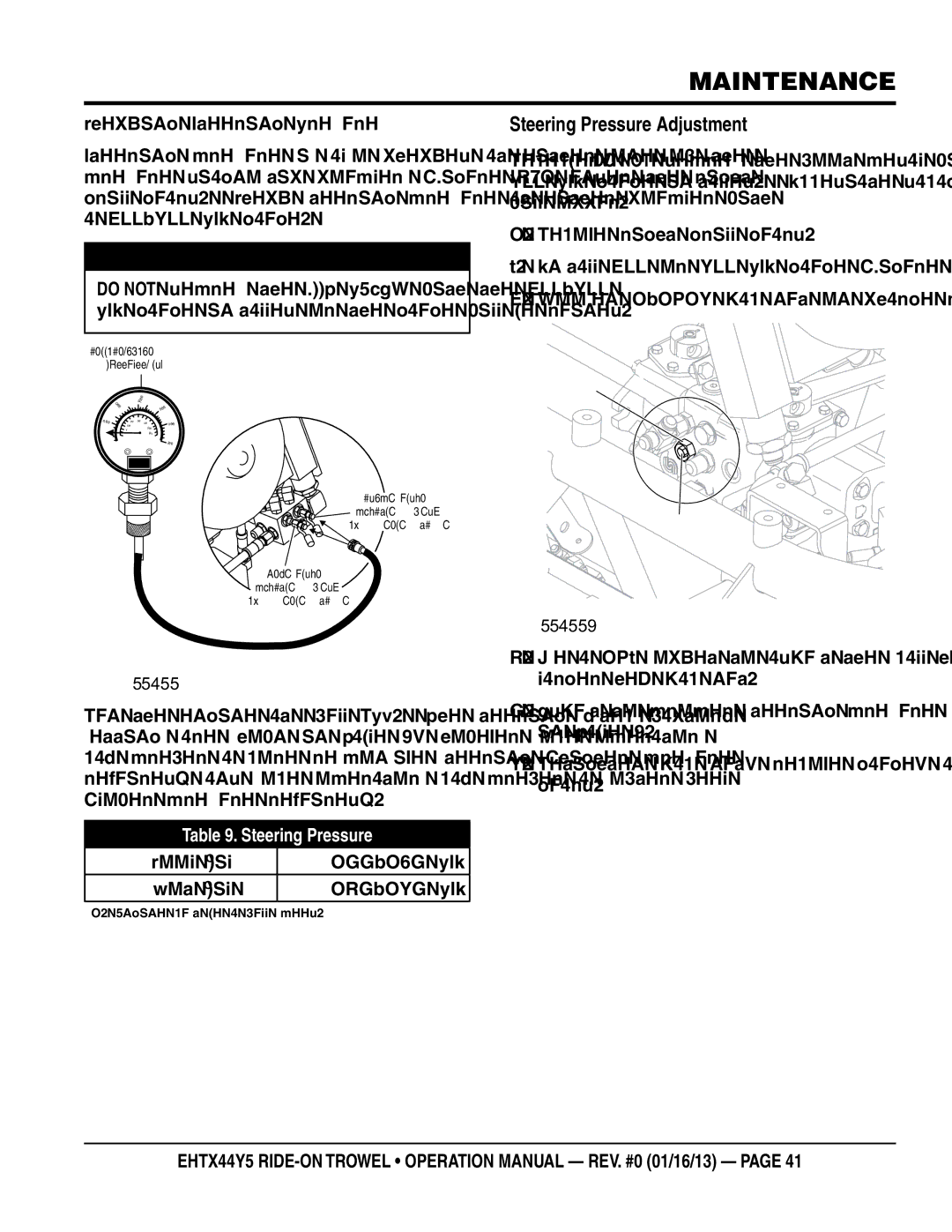 Multiquip EHTX44Y5 Steering Pressure Adjustment, Checking Steering Pressure, Cool Oil1 155-175 PSI Hot Oil 145-165 PSI 