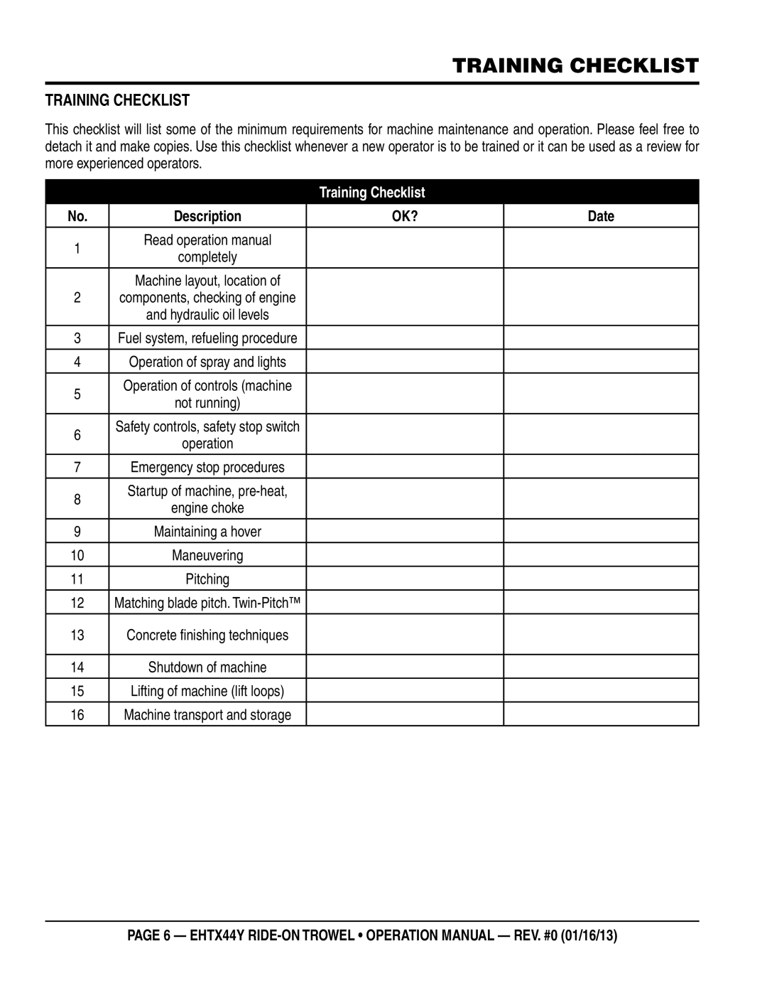 Multiquip EHTX44Y5 operation manual Training checklist, Completely 