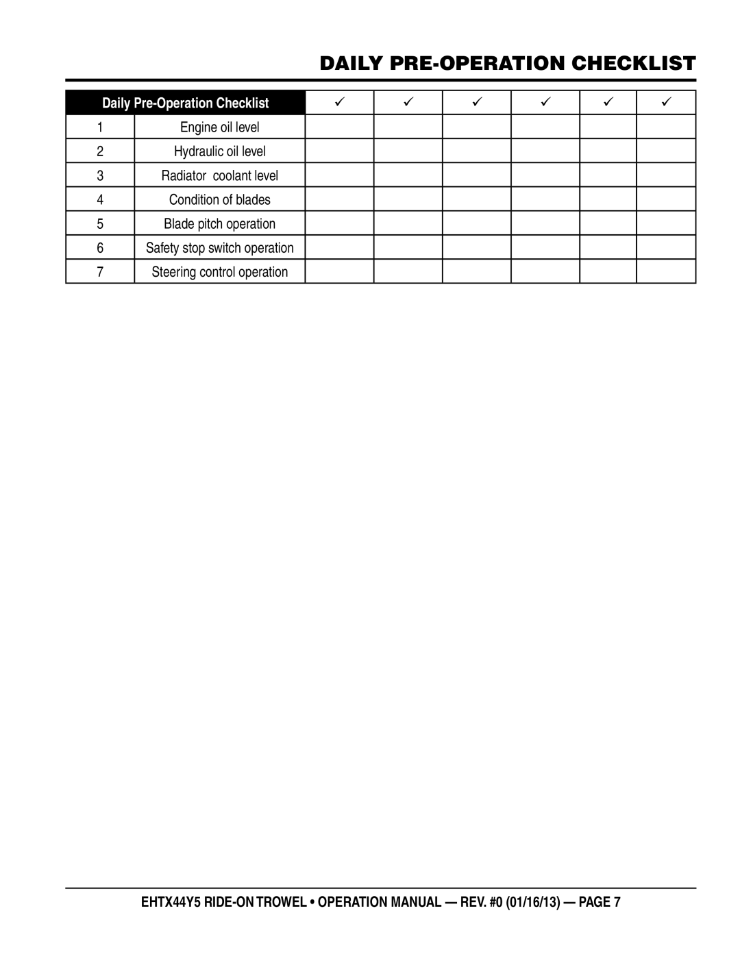 Multiquip EHTX44Y5 operation manual Daily pre-operation checklist 