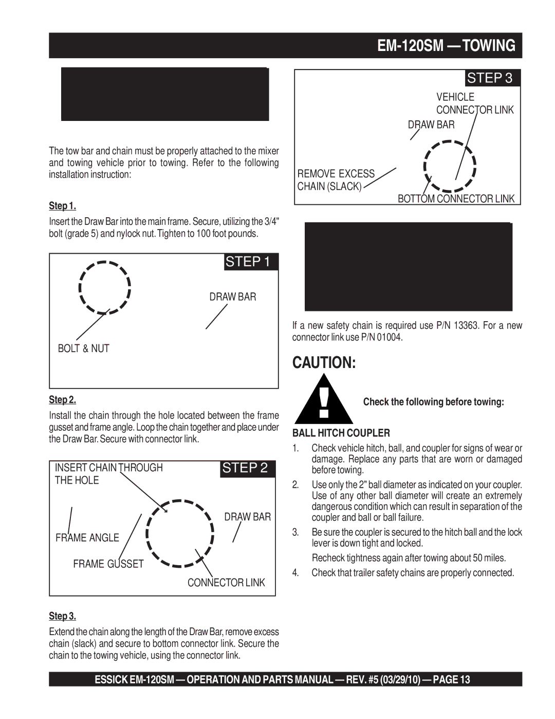 Multiquip manual EM-120SM -TOWING, Step, Check the following before towing 