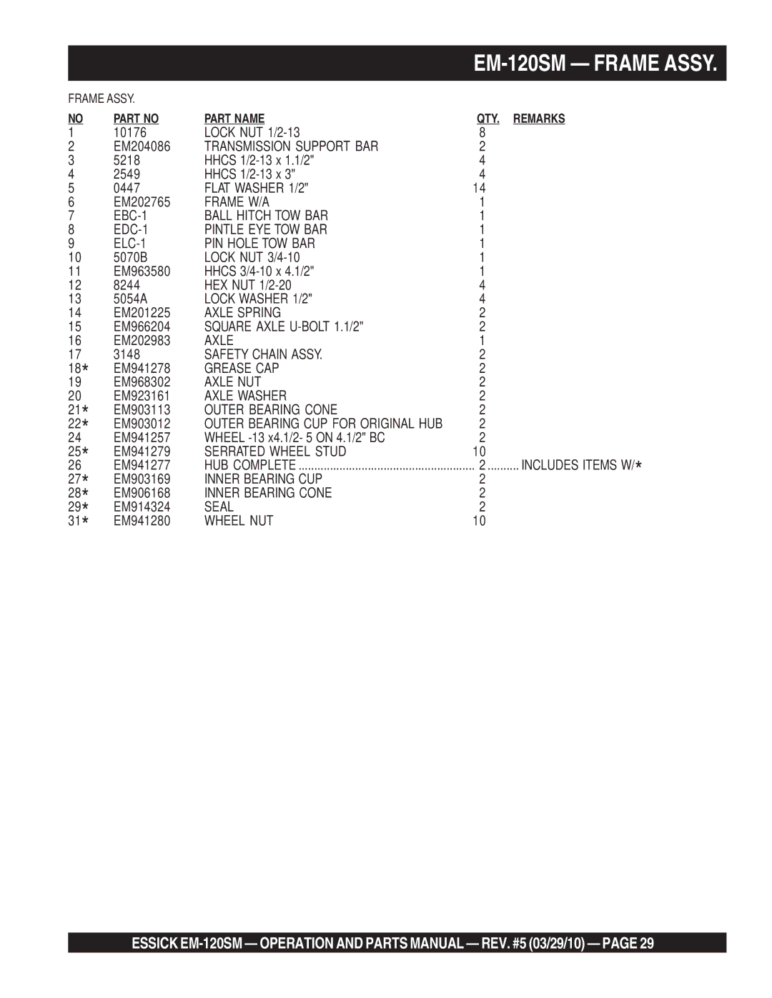 Multiquip manual EM-120SM Frame Assy 