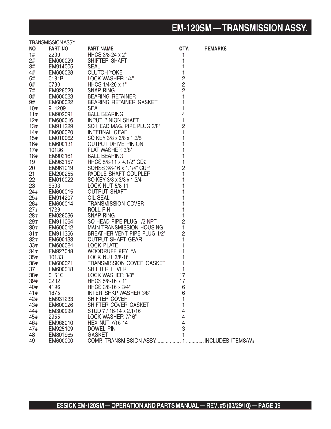 Multiquip EM-120SM manual Shifter Shaft 