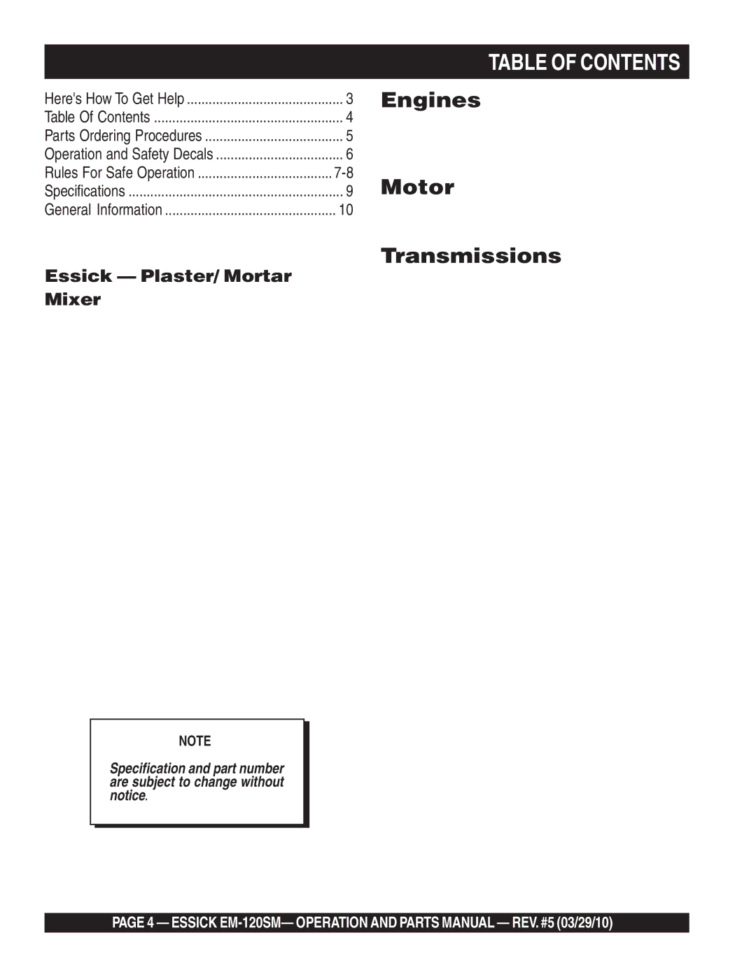 Multiquip EM-120SM manual Table of Contents 