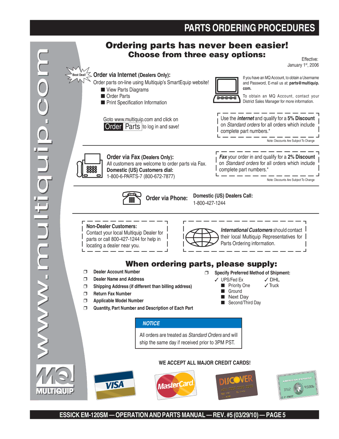 Multiquip EM-120SM manual Parts Ordering Procedures, Best Deal! Order via Internet Dealers Only, Order via Fax Dealers Only 