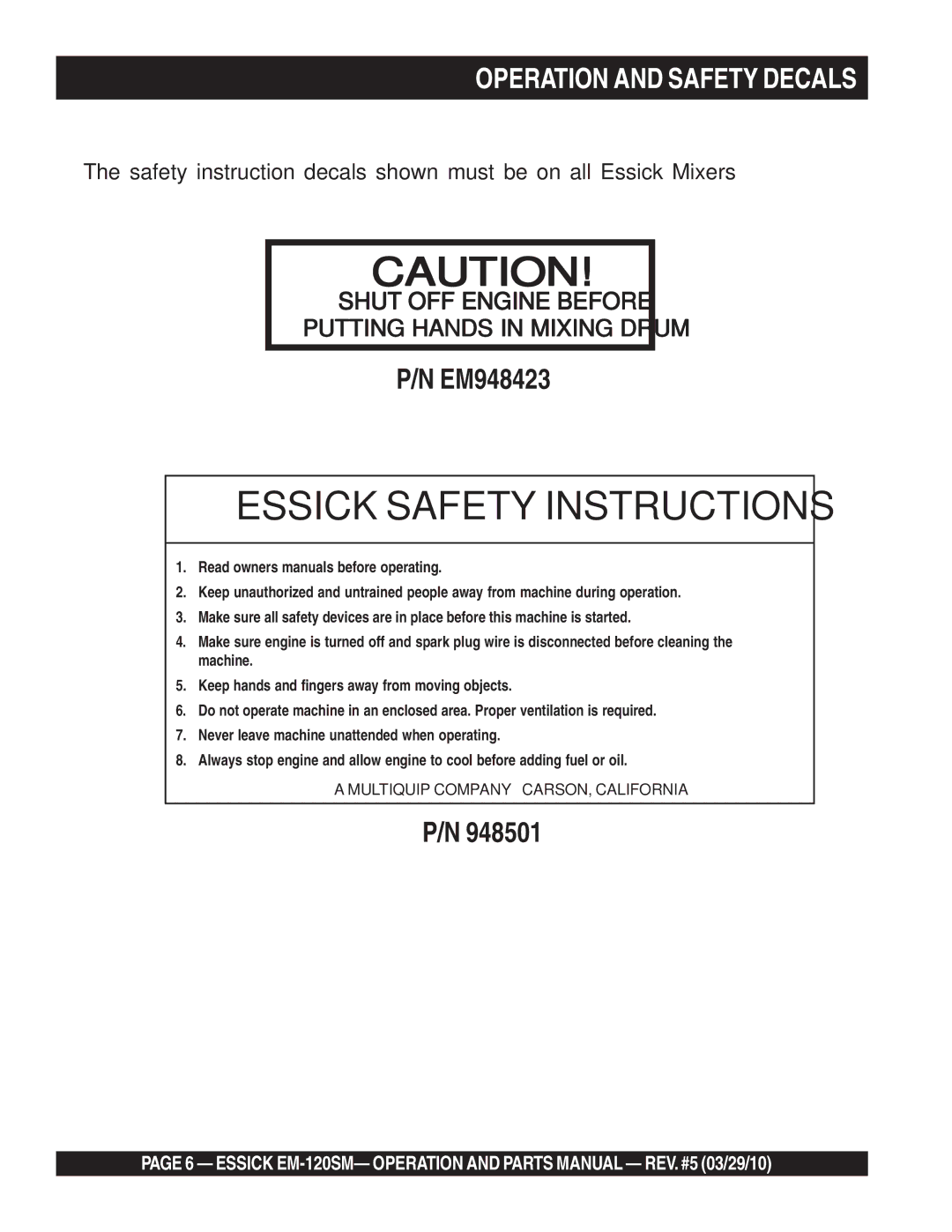 Multiquip EM-120SM manual Essick Safety Instructions, Operation and Safety Decals 