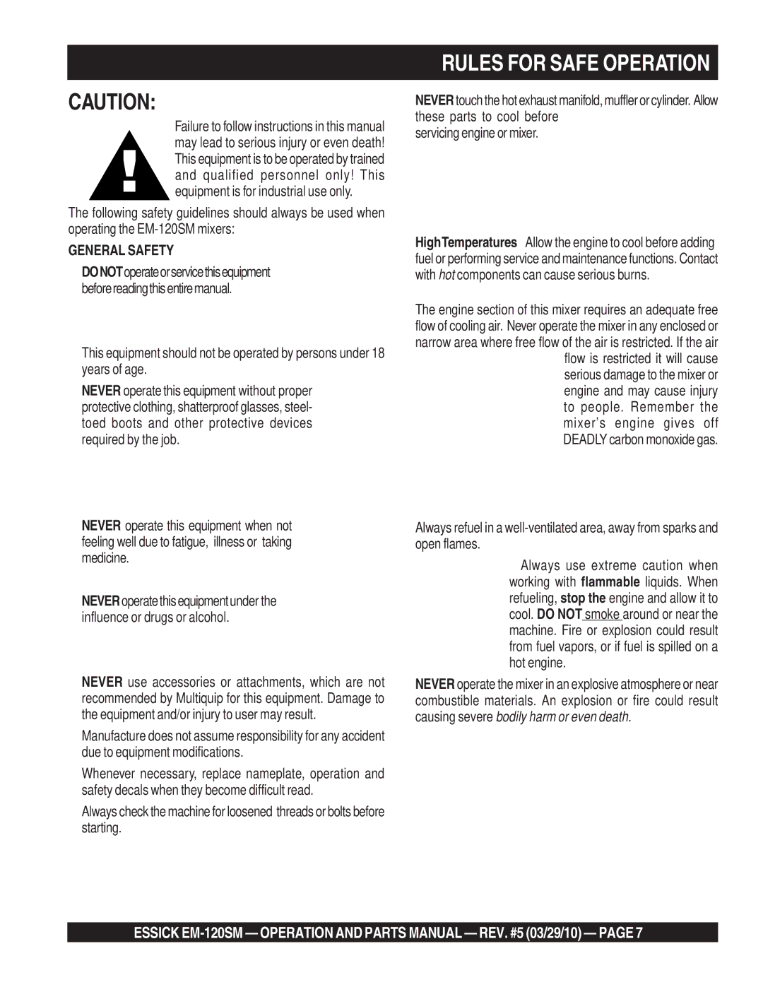 Multiquip EM-120SM manual Rules for Safe Operation, General Safety 