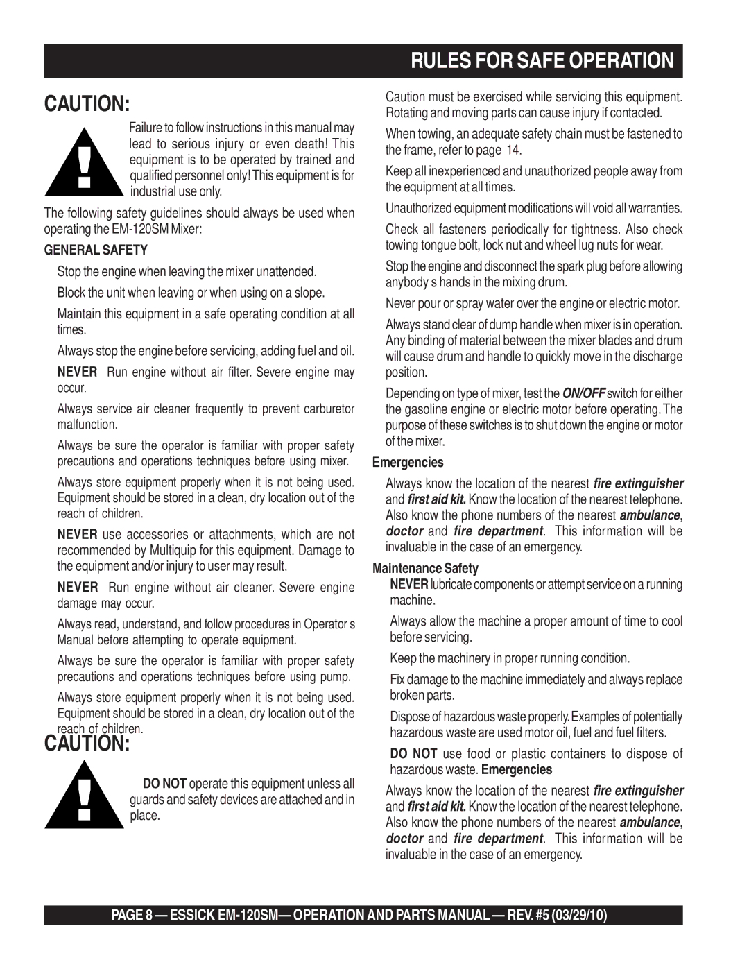 Multiquip EM-120SM manual Rules for Safe Operation, Emergencies, Maintenance Safety 